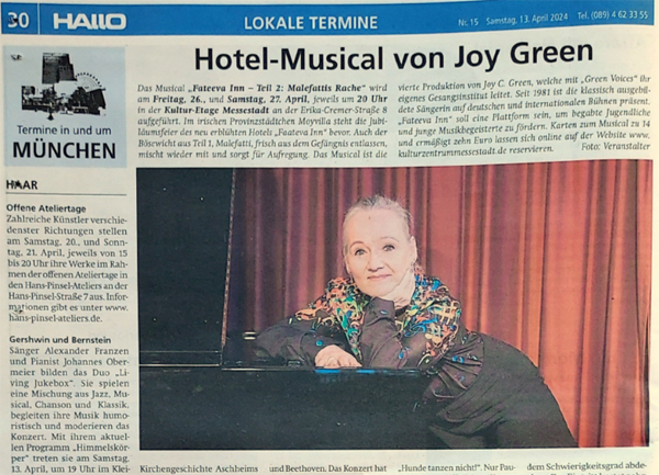 Artikel in der Münchner Wochenzeitung Hallo am 13.4.2024